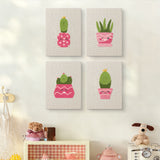 The four Smiling Pink Pots mini canvases on a wall above a shelf