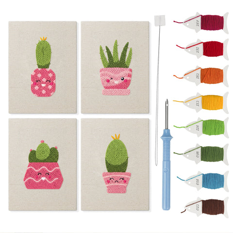 Smiling Pink Pots mini punch needle kit set: four finished canvases with threads, punch needle and threader