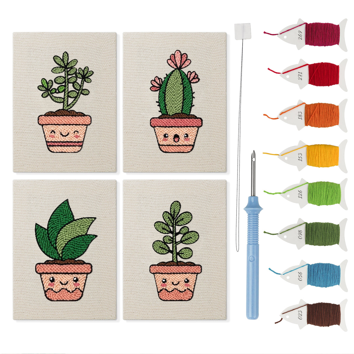 Smiling Pot Plants mini punch needle kit set: four finished canvases with threads, punch needle and threader