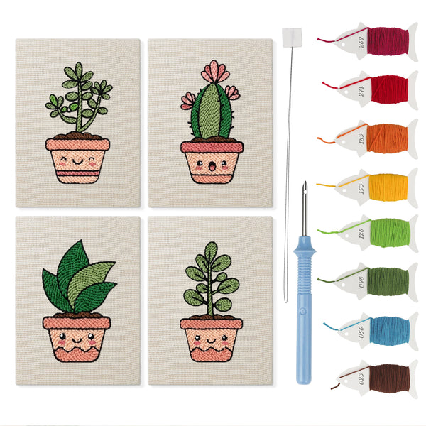 Smiling Pot Plants mini punch needle kit set: four finished canvases with threads, punch needle and threader