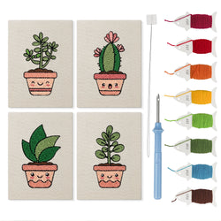 Smiling Pot Plants mini punch needle kit set: four finished canvases with threads, punch needle and threader