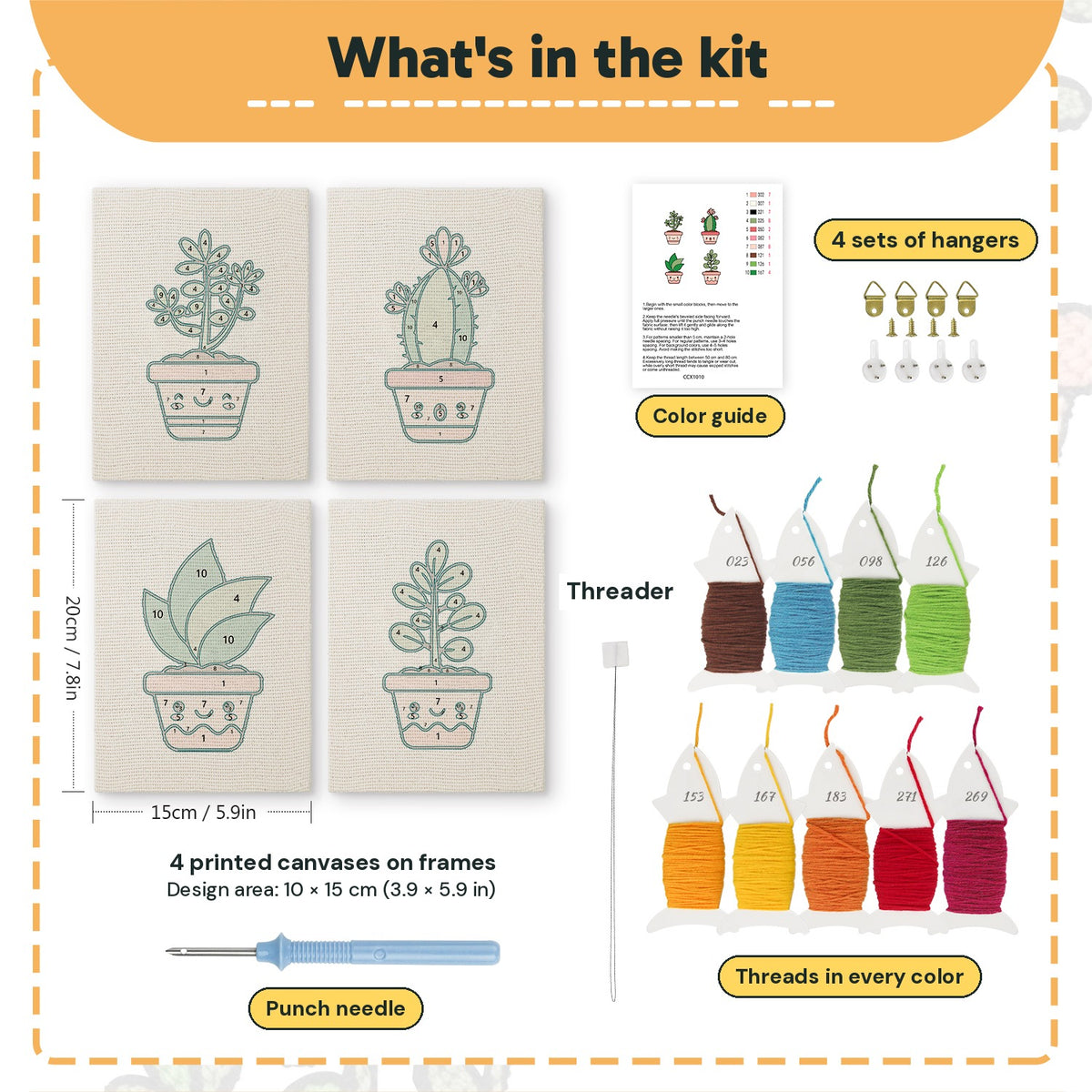 What is in the Smiling Pot Plants set: 4 printed canvases, punch needle, threader, threads, color guide and 4 sets of hangers (6 × 8 in (15 × 20 cm) each)