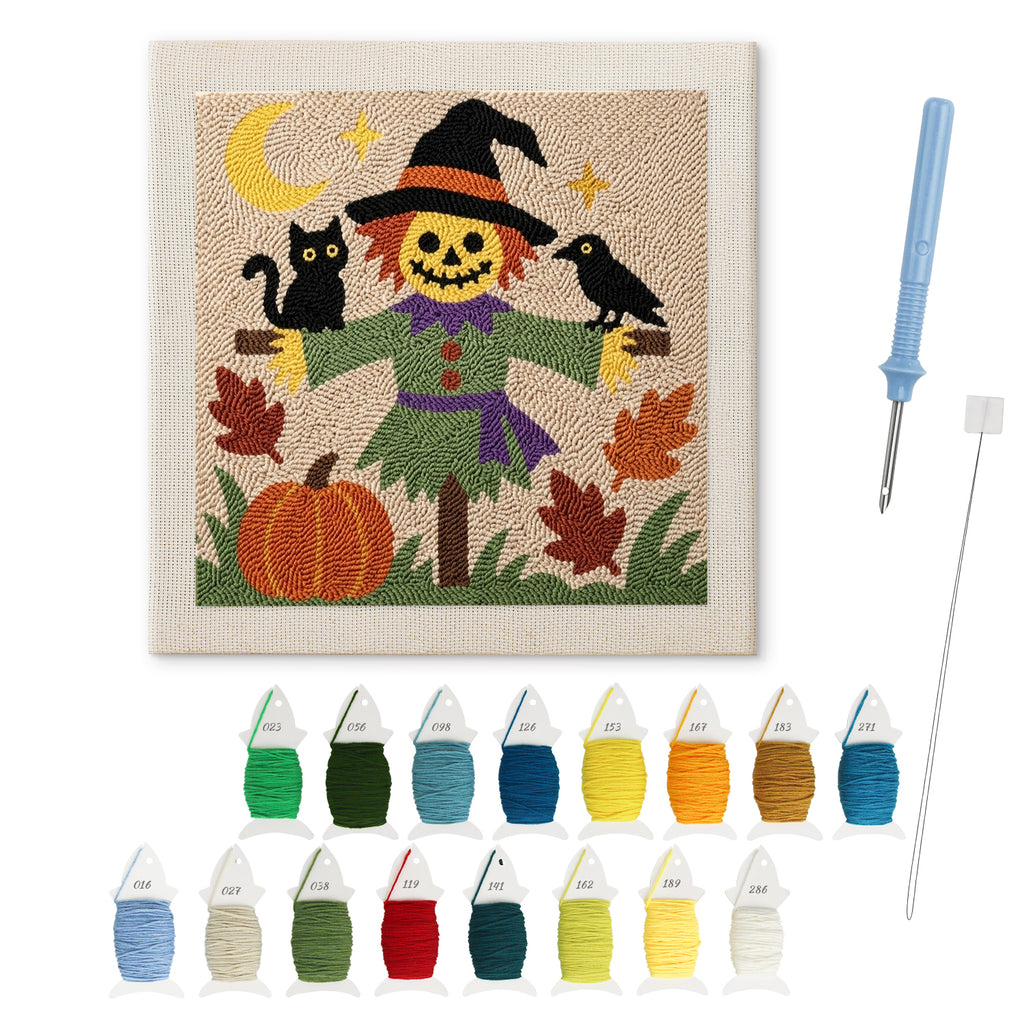 Smiling Scarecrow punch needle kit: finished canvas with threads, punch needle and threader