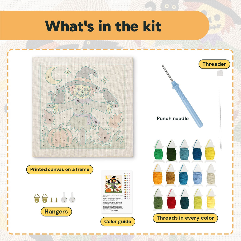 What is in the Smiling Scarecrow kit: printed canvas, punch needle, threader, threads, color guide and hangers
