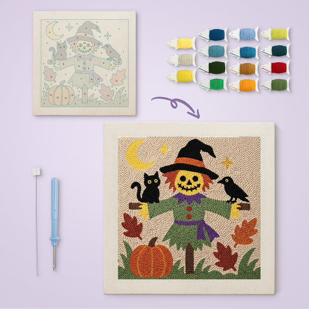 Smiling Scarecrow canvas before and after punching, with the threads and tools