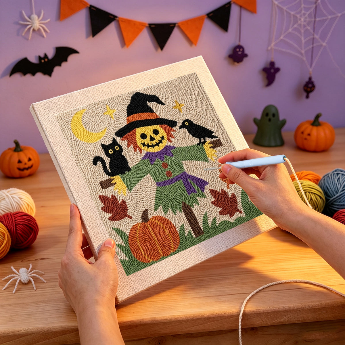Punching the Smiling Scarecrow design with the punch needle