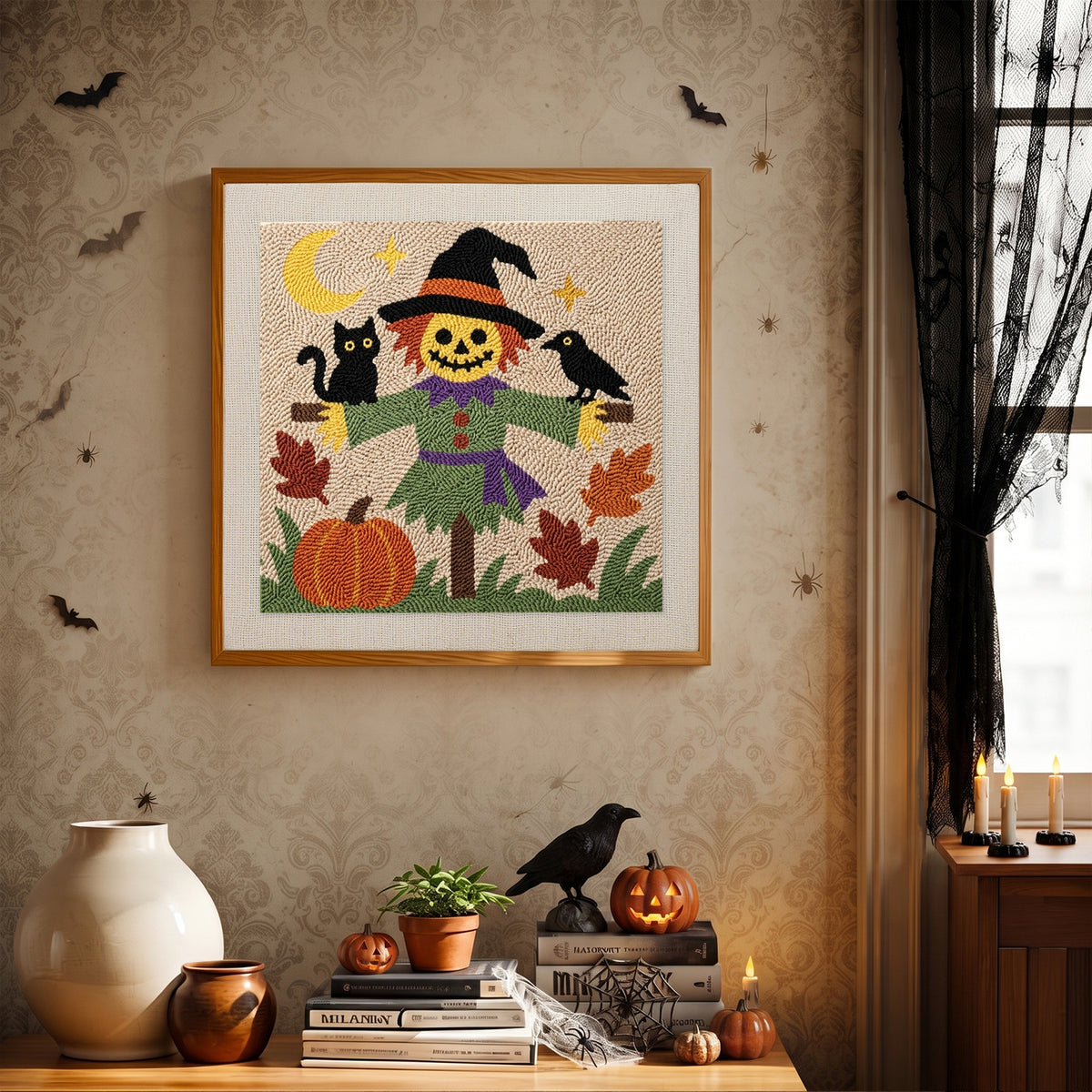 Finished Smiling Scarecrow punch needle canvas on a wall