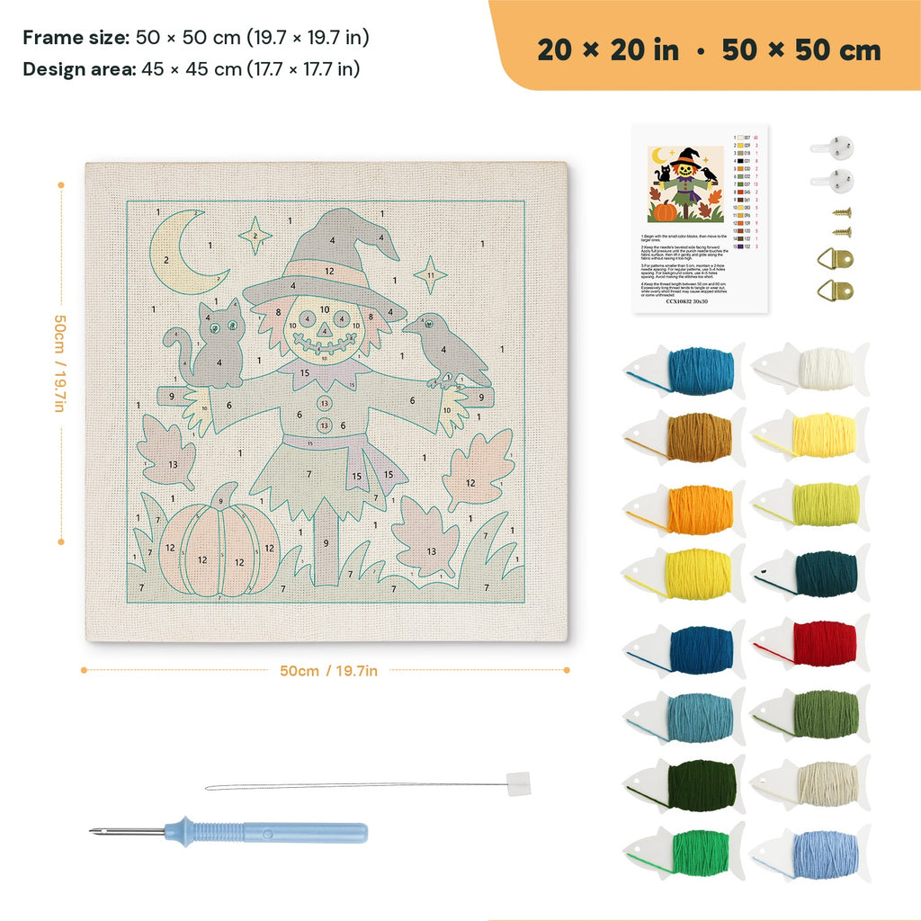 Smiling Scarecrow punch needle kit, 20 × 20 in (50 × 50 cm): canvas size and kit contents