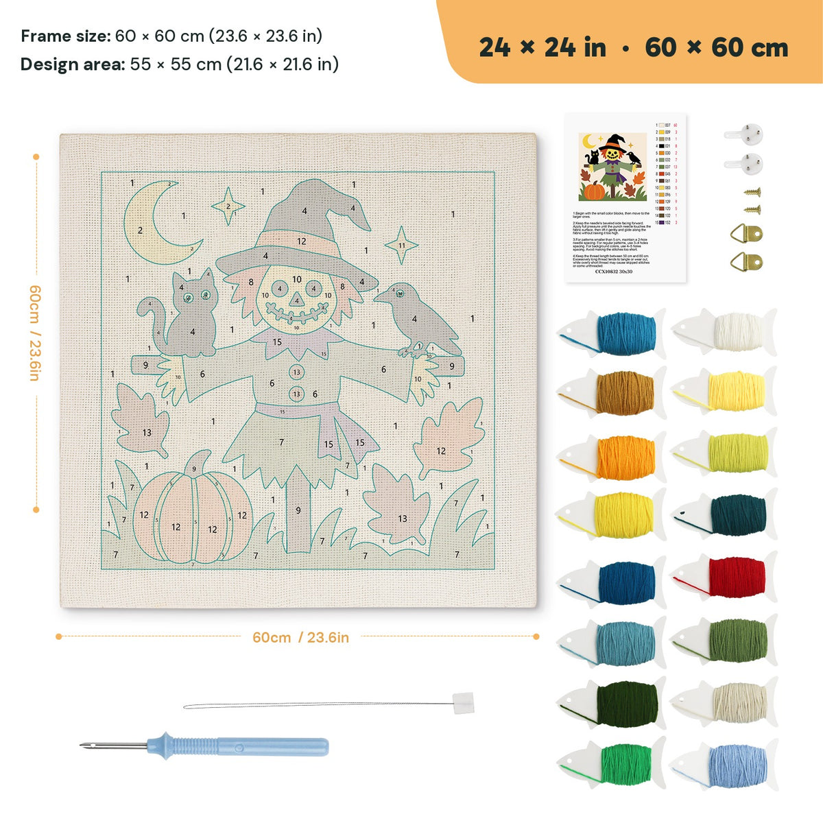 Smiling Scarecrow punch needle kit, 24 × 24 in (60 × 60 cm): canvas size and kit contents