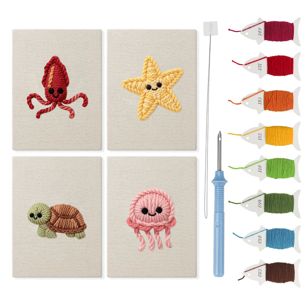 Smiling Sea Friends mini punch needle kit set: four finished canvases with threads, punch needle and threader