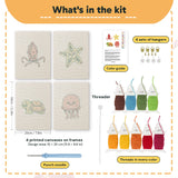What is in the Smiling Sea Friends set, 8 × 12 in (20 × 30 cm) each: 4 printed canvases, punch needle, threader, threads, color guide and 4 sets of hangers