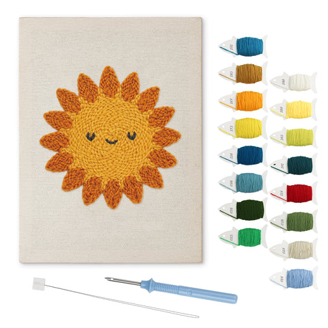Smiling Sun punch needle kit: finished canvas with threads, punch needle and threader