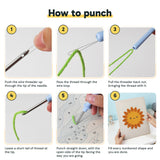 Six steps showing how to thread and use the punch needle