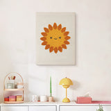 Finished Smiling Sun punch needle canvas on a wall