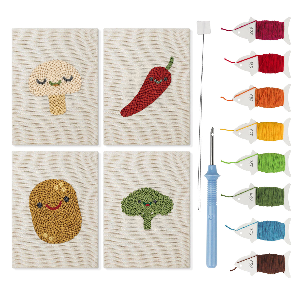 Smiling Veggies mini punch needle kit set: four finished canvases with threads, punch needle and threader