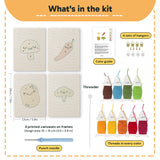 What is in the Smiling Veggies set: 4 printed canvases, punch needle, threader, threads, color guide and 4 sets of hangers (6 × 8 in (15 × 20 cm) each)