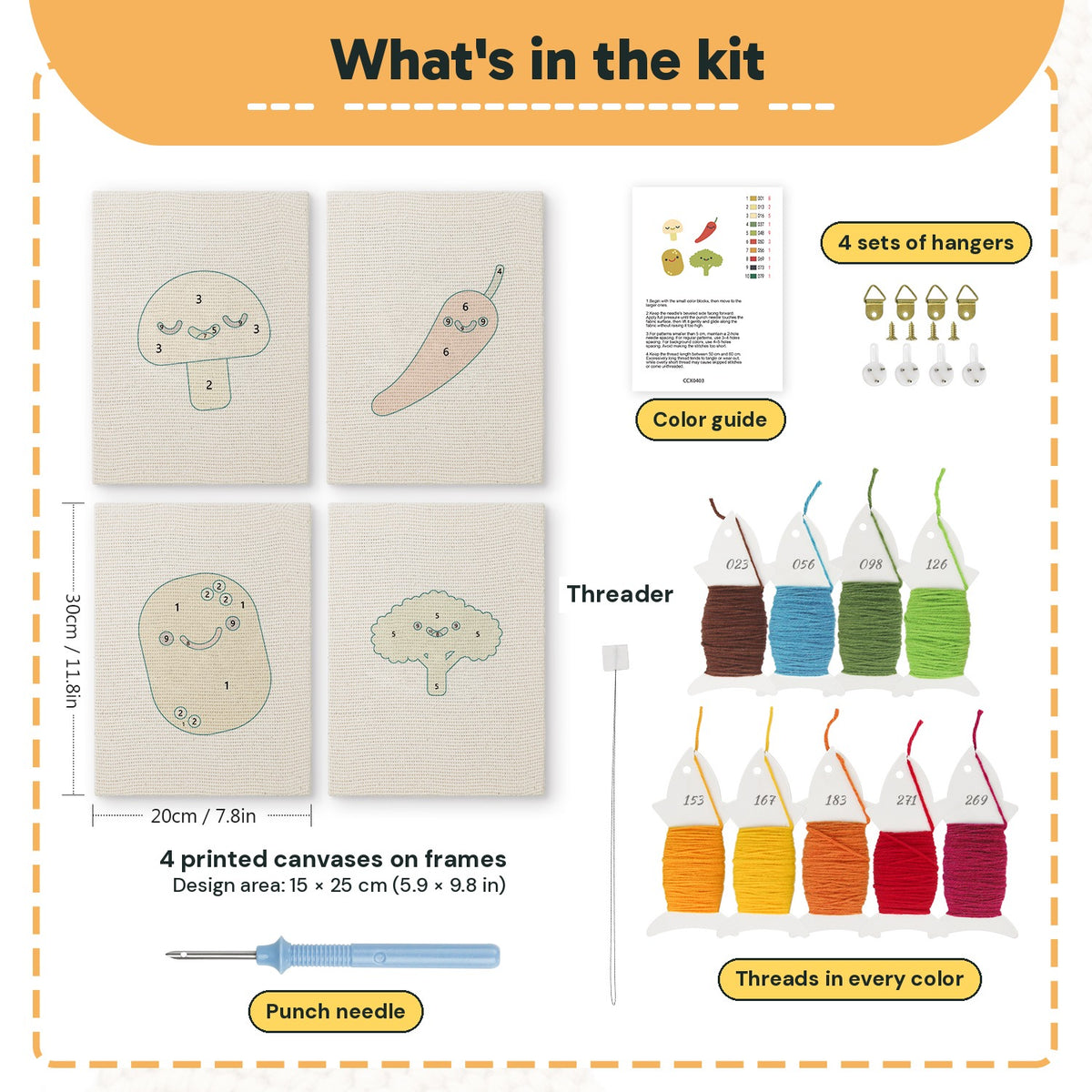 What is in the Smiling Veggies set, 8 × 12 in (20 × 30 cm) each: 4 printed canvases, punch needle, threader, threads, color guide and 4 sets of hangers