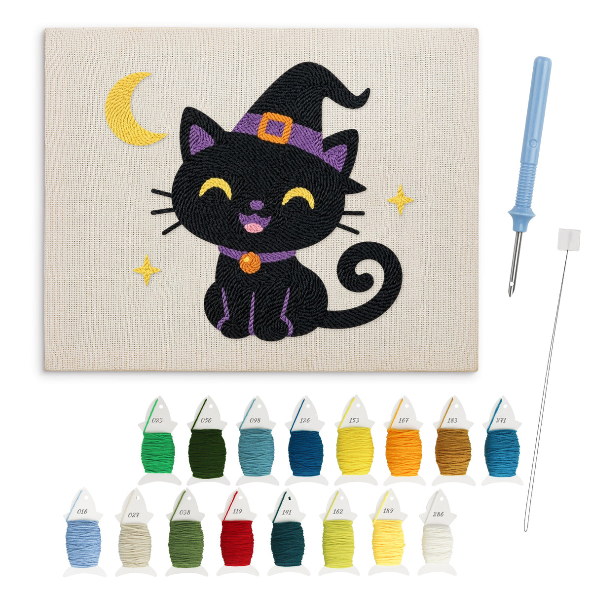 Smiling Witch Kitten punch needle kit: finished canvas with threads, punch needle and threader