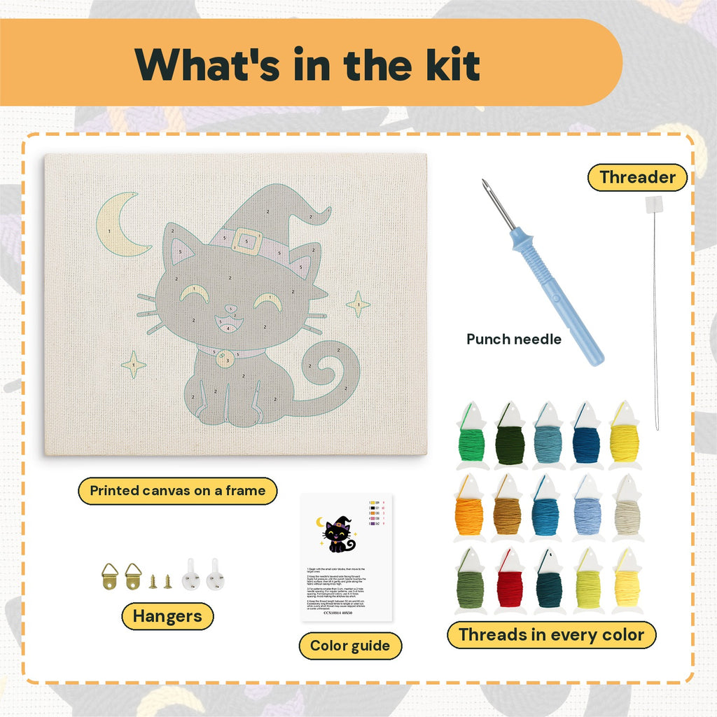 What is in the Smiling Witch Kitten kit: printed canvas, punch needle, threader, threads, color guide and hangers