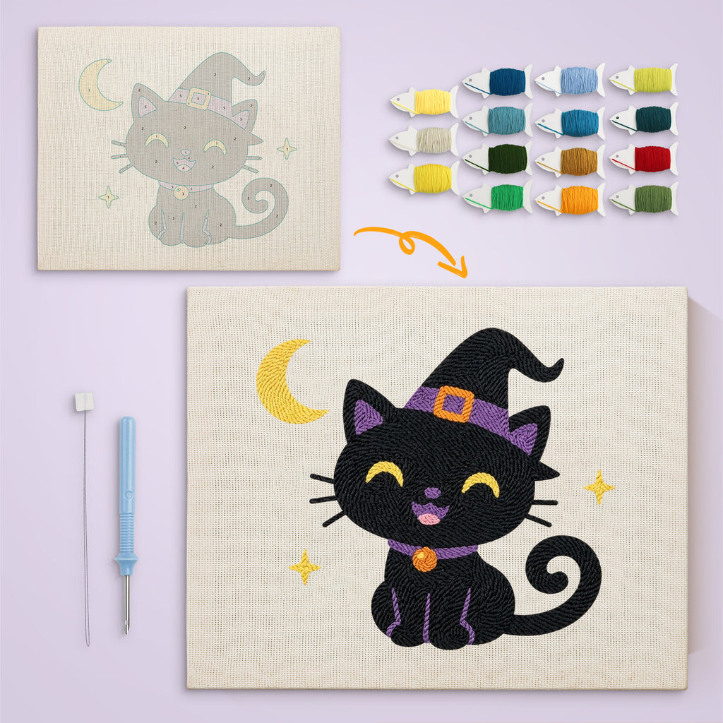 Smiling Witch Kitten canvas before and after punching, with the threads and tools