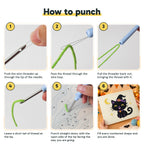 Six steps showing how to thread and use the punch needle