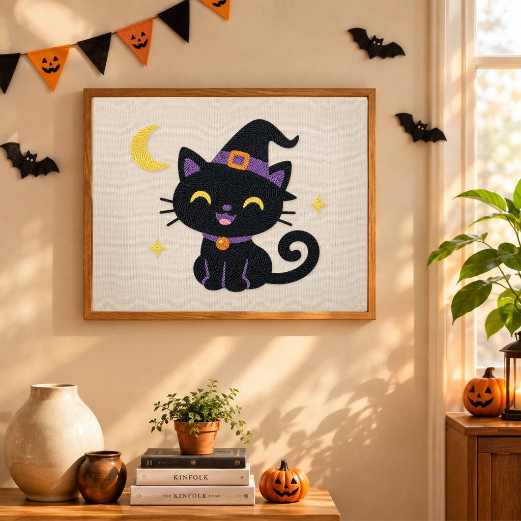 Finished Smiling Witch Kitten punch needle canvas on a wall
