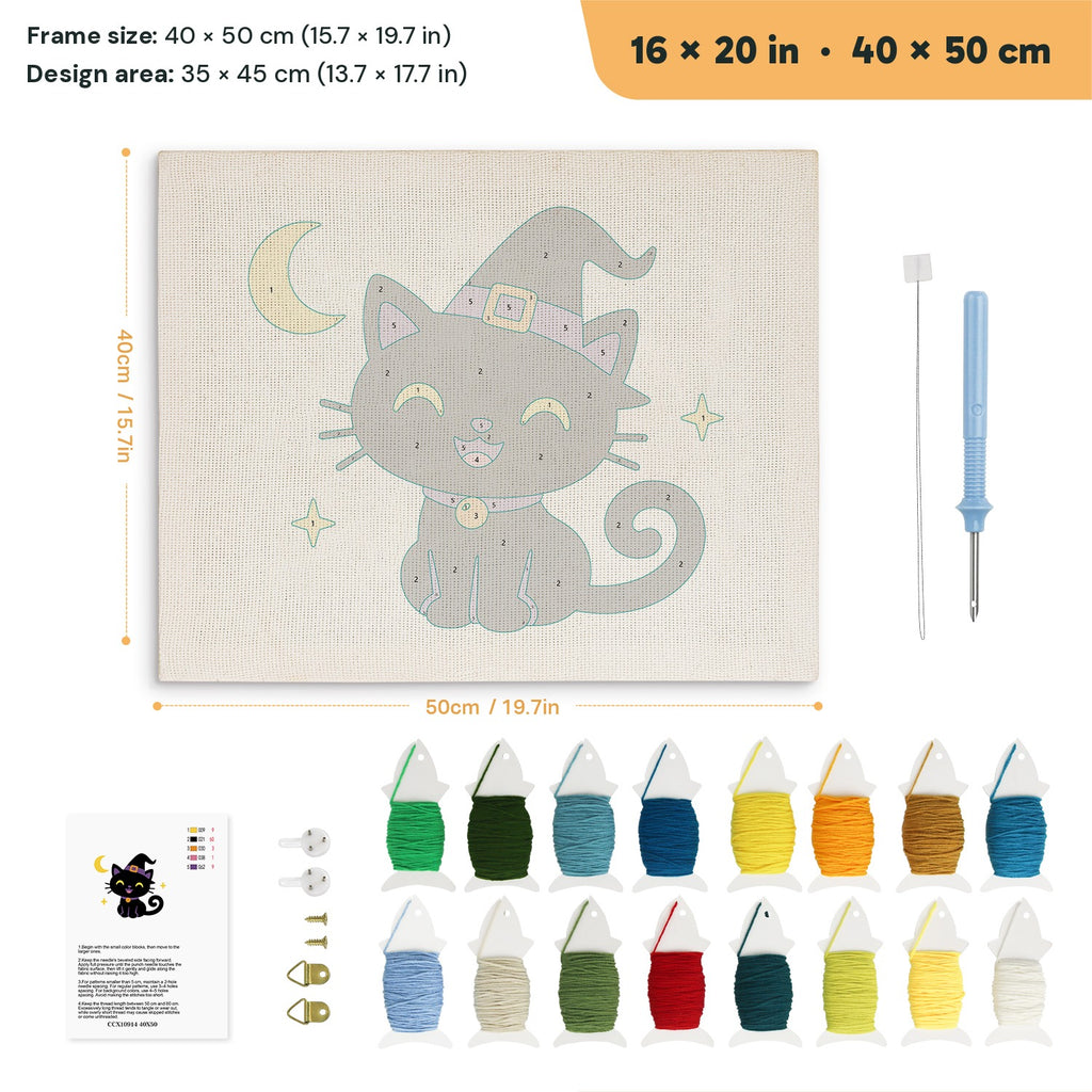 Smiling Witch Kitten punch needle kit, 16 × 20 in (40 × 50 cm): canvas size and kit contents