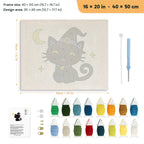 Smiling Witch Kitten punch needle kit, 16 × 20 in (40 × 50 cm): canvas size and kit contents