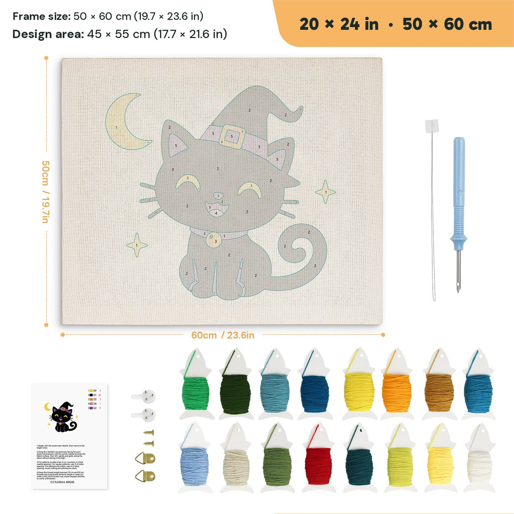 Smiling Witch Kitten punch needle kit, 20 × 24 in (50 × 60 cm): canvas size and kit contents