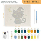 Smiling Witch Kitten punch needle kit, 20 × 24 in (50 × 60 cm): canvas size and kit contents