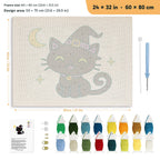 Smiling Witch Kitten punch needle kit, 24 × 32 in (60 × 80 cm): canvas size and kit contents