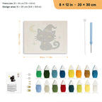 Smiling Witch Kitten punch needle kit, 8 × 12 in (20 × 30 cm): canvas size and kit contents