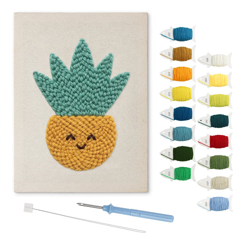 Smiling Yellow Pot punch needle kit: finished canvas with threads, punch needle and threader
