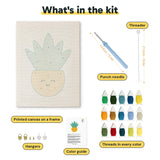 What is in the Smiling Yellow Pot kit: printed canvas, punch needle, threader, threads, color guide and hangers
