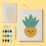Smiling Yellow Pot canvas before and after punching, with the threads and tools
