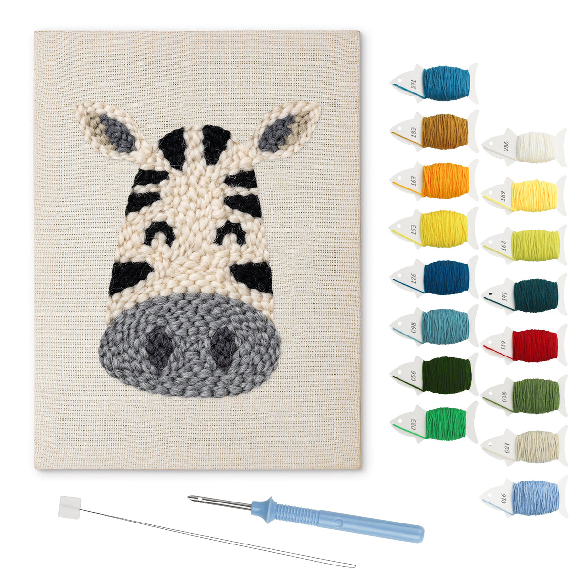 Smiling Zebra punch needle kit: finished canvas with threads, punch needle and threader