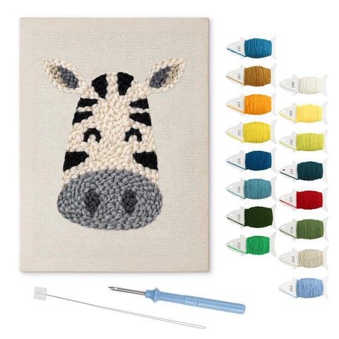 Smiling Zebra punch needle kit: finished canvas with threads, punch needle and threader