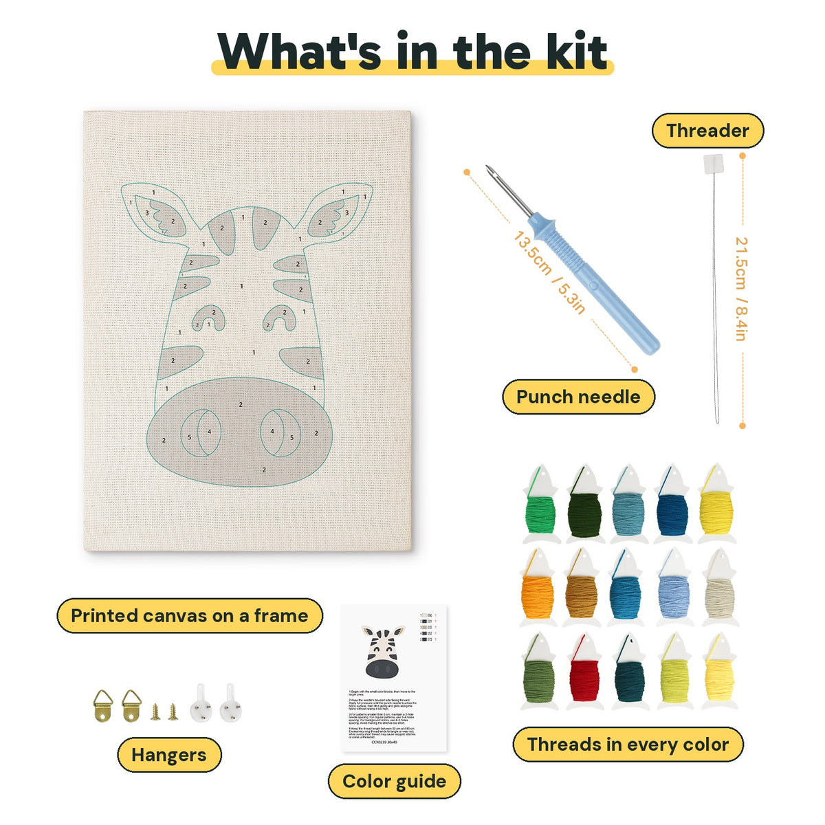 What is in the Smiling Zebra kit: printed canvas, punch needle, threader, threads, color guide and hangers