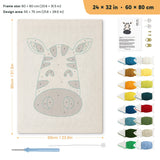 Smiling Zebra punch needle kit, 24 × 32 in (60 × 80 cm): canvas size and kit contents