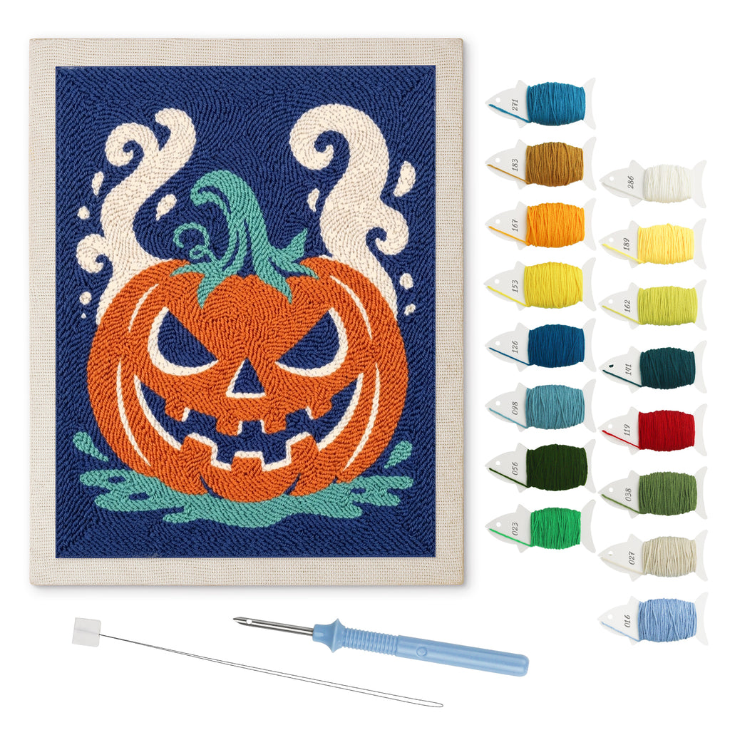 Smoking Jack-o'-Lantern punch needle kit: finished canvas with threads, punch needle and threader
