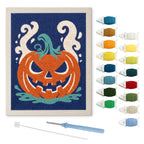 Smoking Jack-o'-Lantern punch needle kit: finished canvas with threads, punch needle and threader