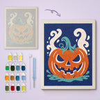 Smoking Jack-o'-Lantern canvas before and after punching, with the threads and tools