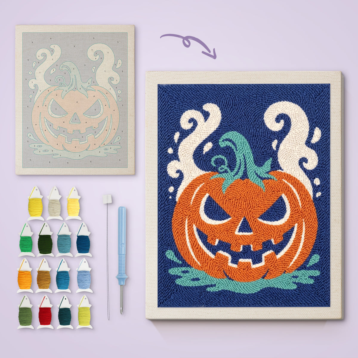 Smoking Jack-o'-Lantern canvas before and after punching, with the threads and tools