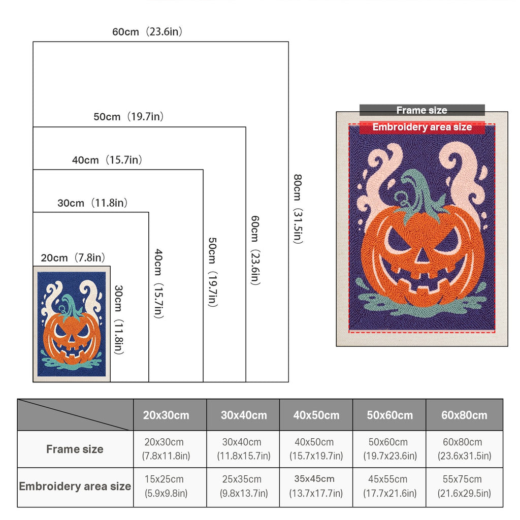 Size chart for punch needle kits from 20 x 30 cm to 60 x 80 cm