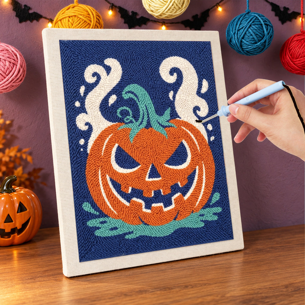 Punching the Smoking Jack-o'-Lantern design with the punch needle