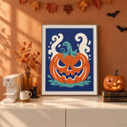 Finished Smoking Jack-o'-Lantern punch needle canvas on a wall