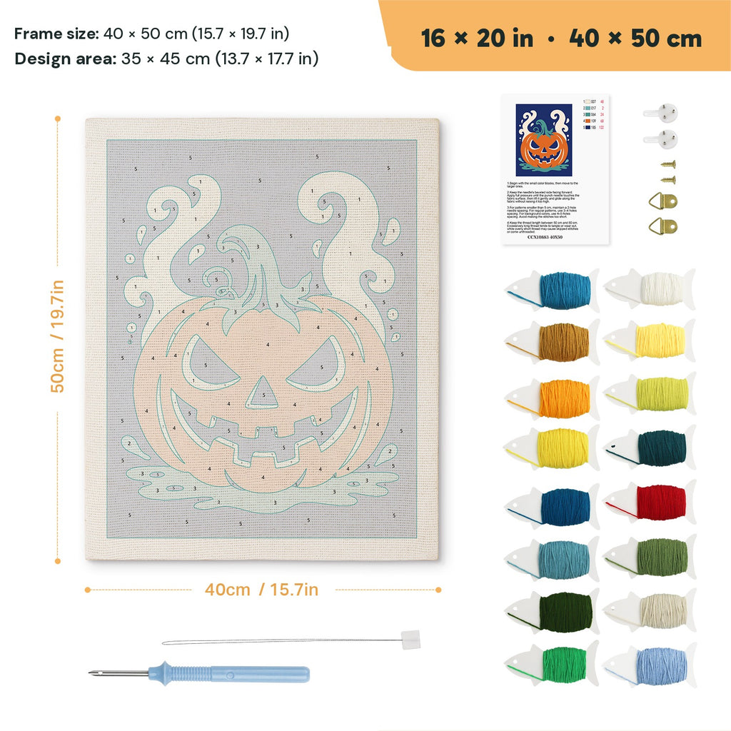 Smoking Jack-o'-Lantern punch needle kit, 16 × 20 in (40 × 50 cm): canvas size and kit contents