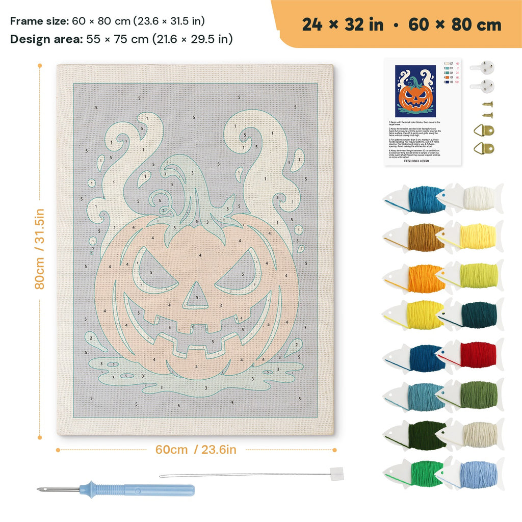 Smoking Jack-o'-Lantern punch needle kit, 24 × 32 in (60 × 80 cm): canvas size and kit contents