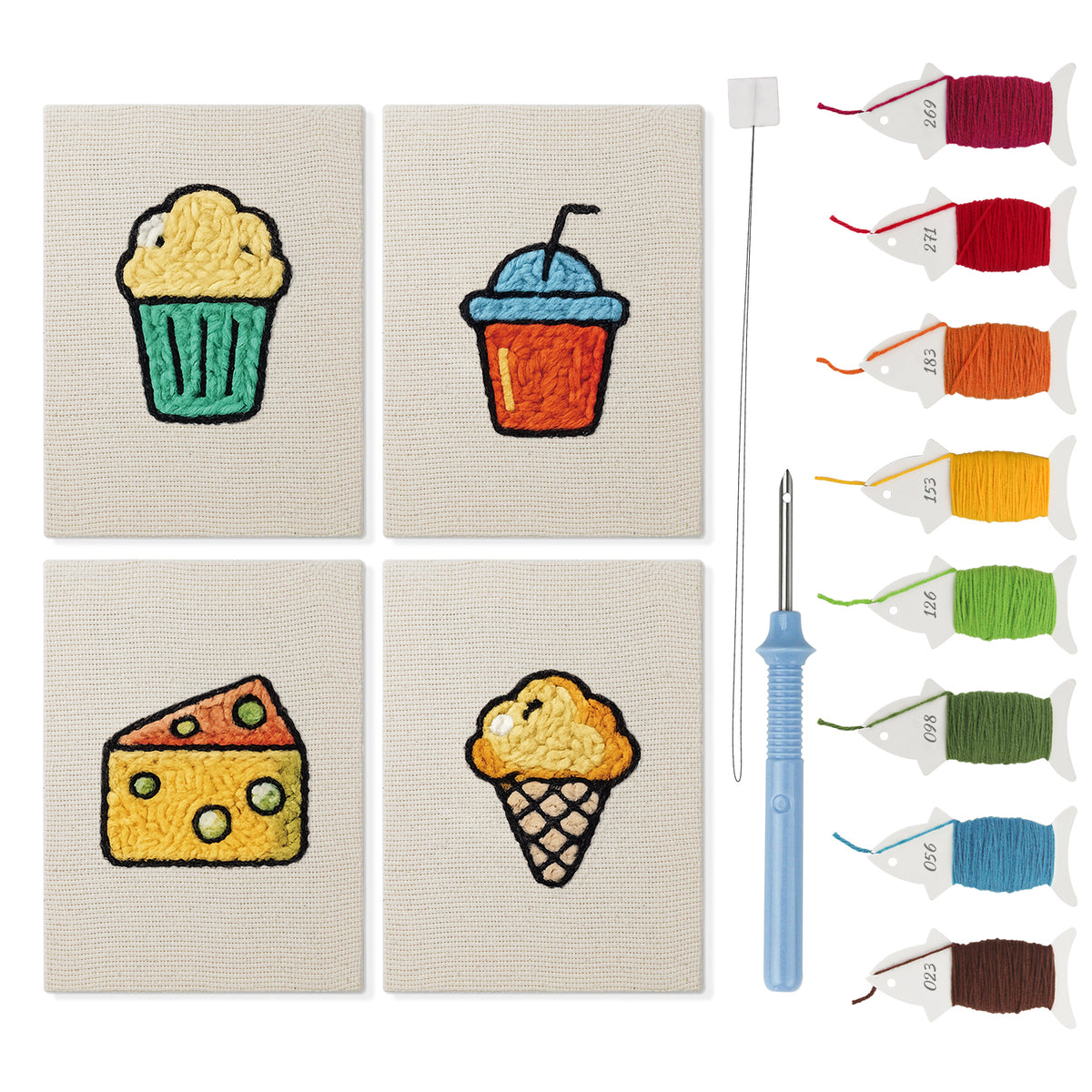 Snack Time Treats mini punch needle kit set: four finished canvases with threads, punch needle and threader