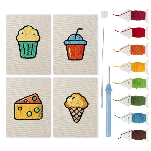 Snack Time Treats mini punch needle kit set: four finished canvases with threads, punch needle and threader